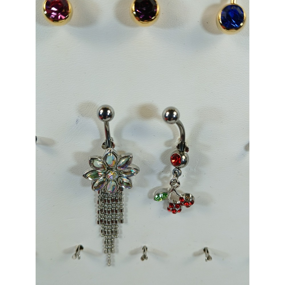 Set of 5 Navel Belly Button Rings Gold Silver Tone Floral Cherry Tassel Crystal - Picture 6 of 13
